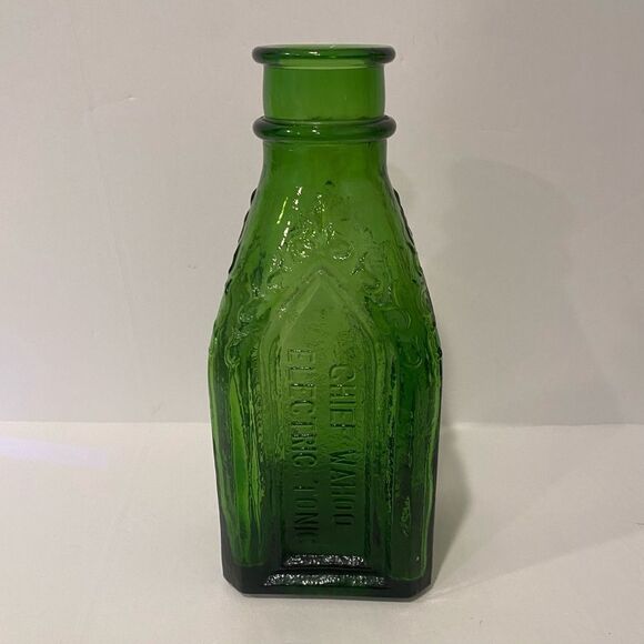 Vintage Chief Wahoo Electric Tonic Cathedral Brand Green Glass Bottle - Picture 2 of 7